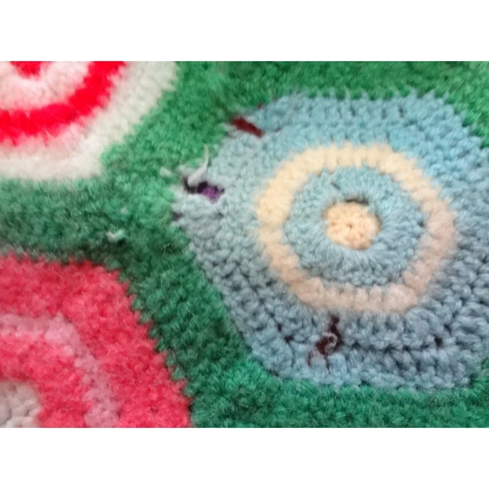 Handmade Crochet Afghan Blanket Green Good Hexagon Popcorn Fringe